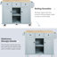 Îlot de cuisine rabattable avec porte d'armoire, 5 roulettes, 3 tiroirs gris-bleu, pour une utilisation pratique dans la salle à manger-1582788969