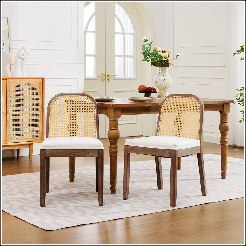 Ensemble de deux chaises de salle à manger à dossier arqué en rotin avec coussins en chenille et structure en bois massif pour la cuisine