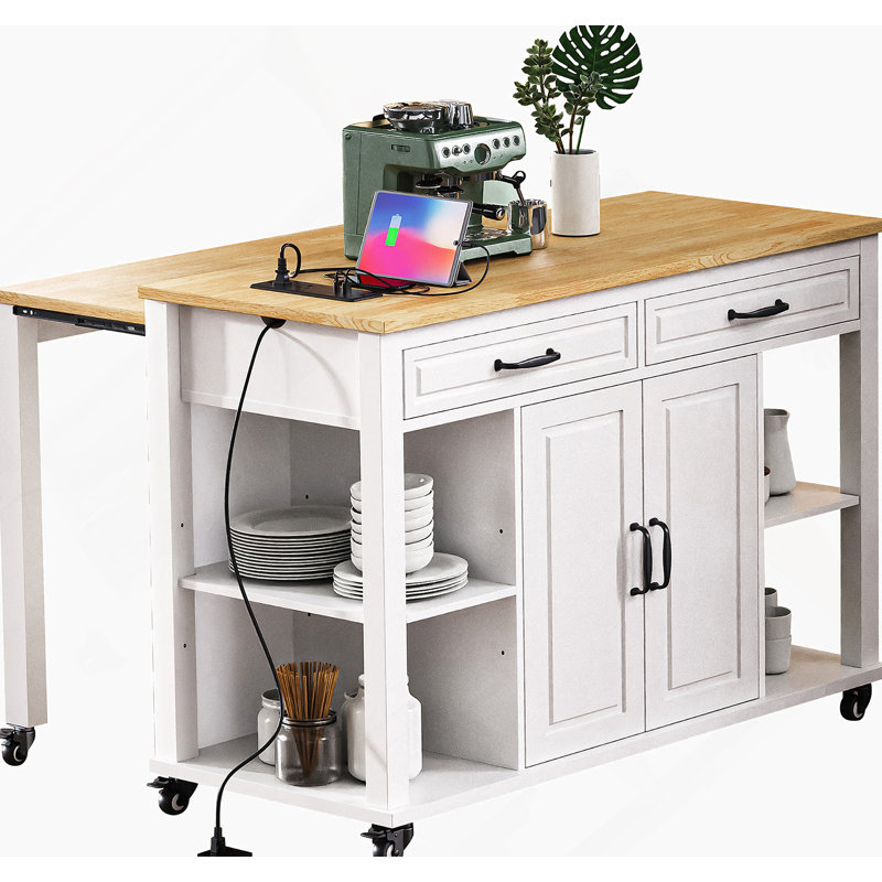 47 Inch Kitchen Island With Extendable Dining Table, Rubber Wood Veneer Kitchen Table With Internal Storage Rack, Power Outlet, Kitchen Island With Storage 2 Drawers 2 Cabinet,White