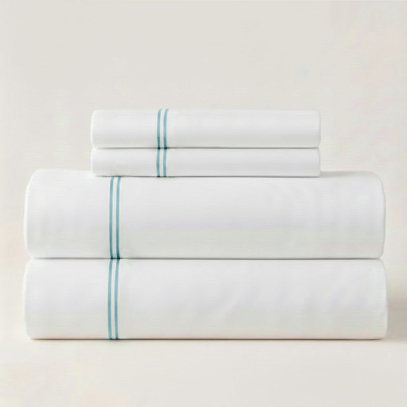 500TC Cotton Double Embroidery Sateen Solid Cotton 4 Piece Sheet Set Fitted Sheet Fits Upto 16" Deep Pocket, Full Sheet Set