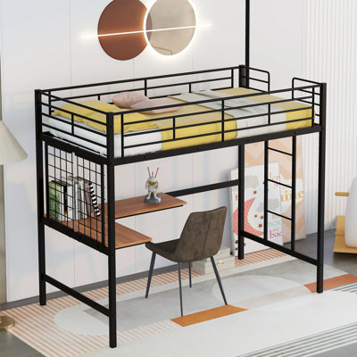 Lit mezzanine avec bureau et grille en métal, structure de lit mezzanine moderne en métal avec garde-corps de sécurité et échelle intégrée pour les enfants adolescents