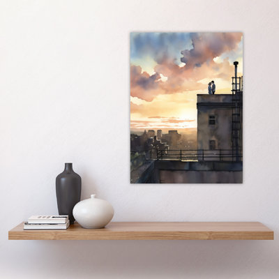 Wall Art Print Secret Romance Watercolour Painting Couple On The Roof Watching A City Sunset Bedroom Art Poster