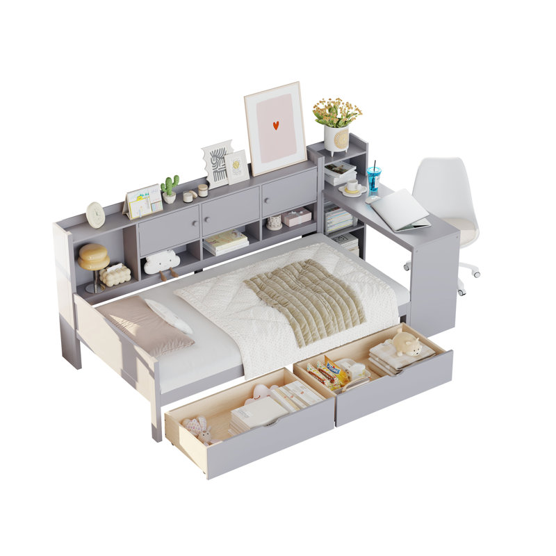 Twin Daybed With 3 Cabinets, 2 Drawers, Adjustable Study Desk And Bookshelf - Made Of Quality Materials Gray Storage Multifunctional For Any Room