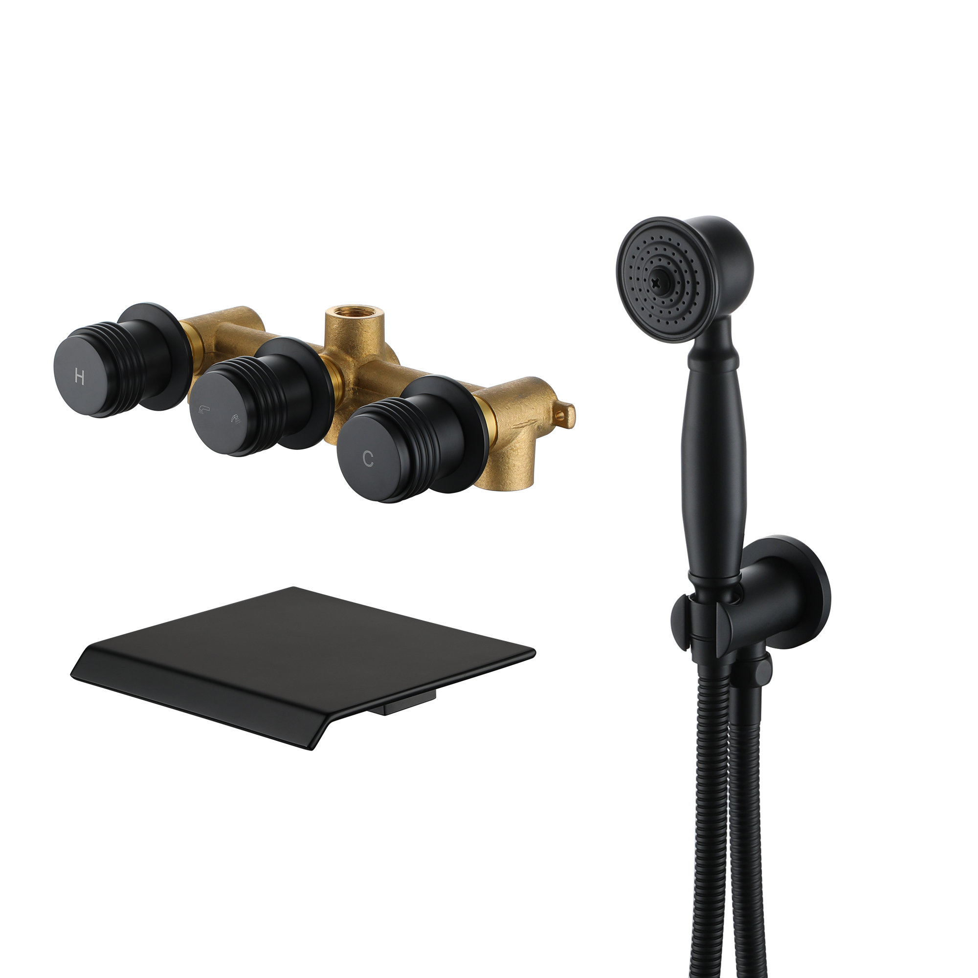 3 Handle Tub Shower Faucet,Matte Black Bathtub Faucet sold Set with Waterfall Tub