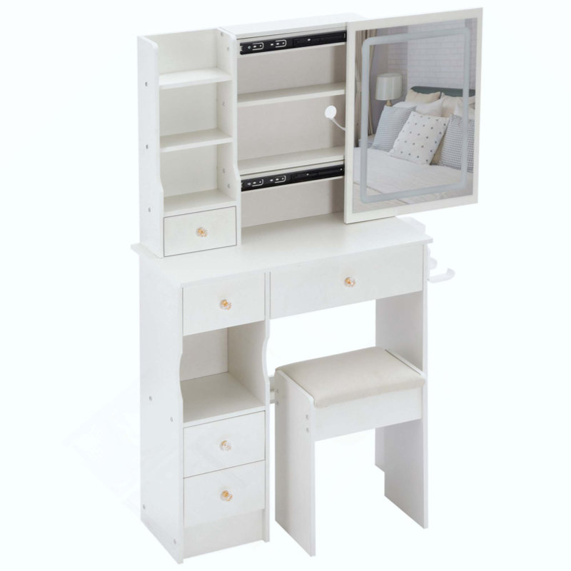 Petite coiffeuse avec tiroir de gauche et tabouret rembourré, 2 blocs d'alimentation AC + 2 USB, support pour sèche-cheveux, très grand miroir à DEL coulissant à contrôle tactile, changement de couleur, réglage de la luminosité