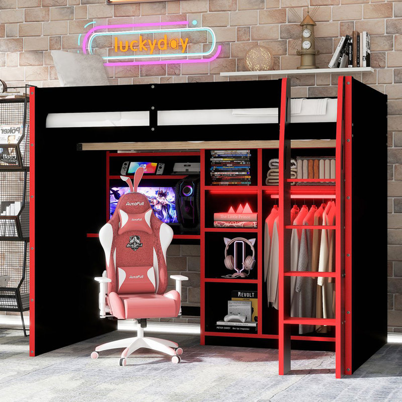 Lit mezzanine en bois avec bureau, garde-robe ouverte, compartiments de rangement et lumières RVB, Rouge
