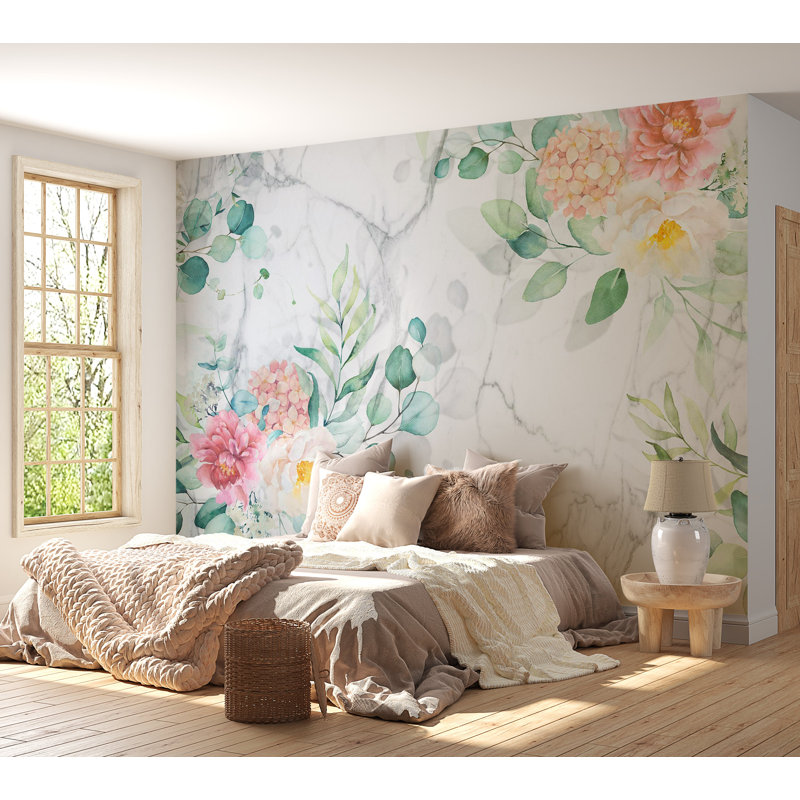 Papier peint floral - Marbre fleuri, L 68 po x l 98 po