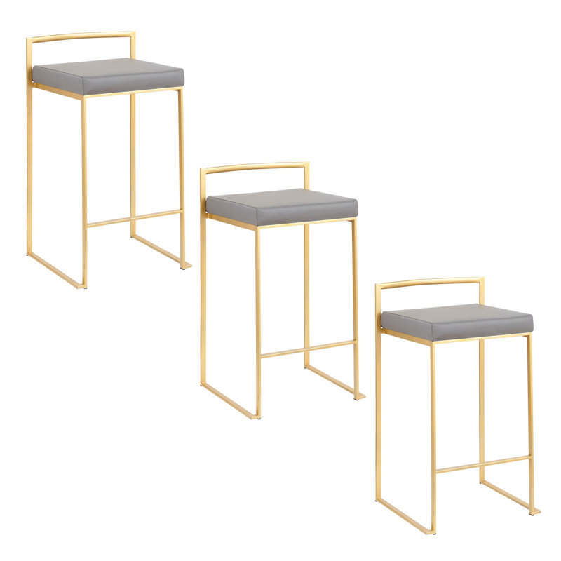 Tabouret de comptoir contemporain 26 "en métal doré et similicuir gris Fuji par Lumisource - ensemble de 3, Doré, 3