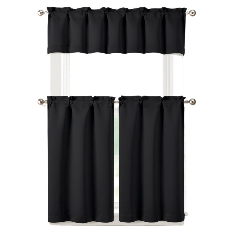 3 Piece Room Darkening Rod Pocket Cafe Kitchen Curtain Tier & Valance Set, Black
