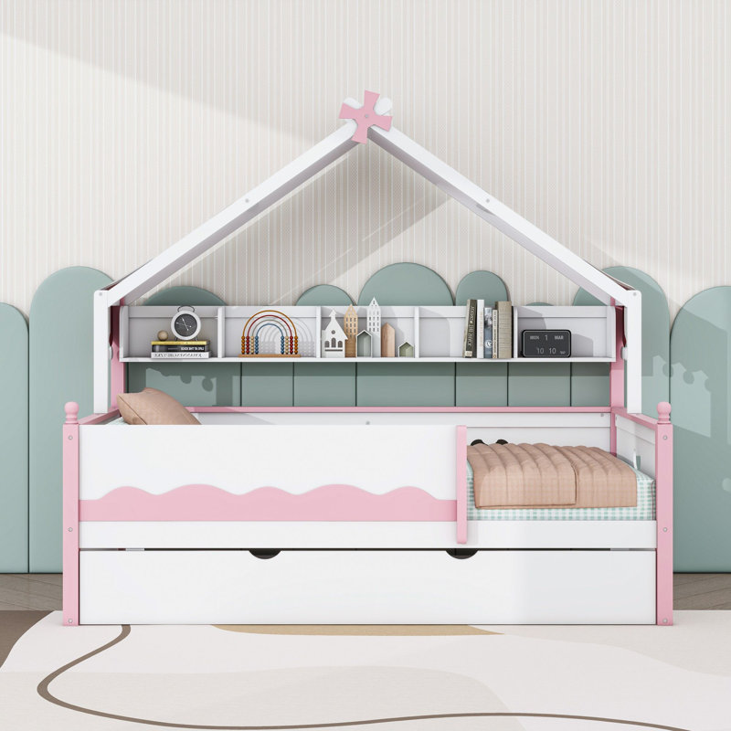 Lit plateforme en forme de maison avec lit gigogne simple et étagères intégrées, Lit simple, Rose blanc
