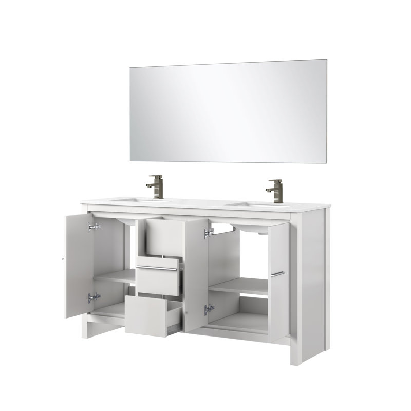 Lafarre 60 in W x 20 in D Double Bath Vanity Mirror and Gun Metal Faucet Set, White, White Quartz