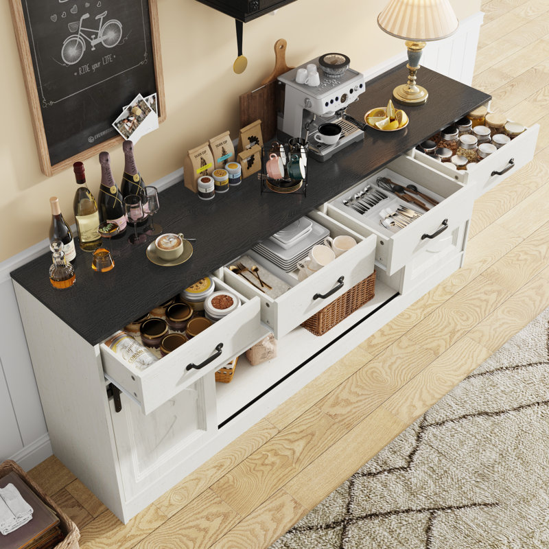 70" Large Sideboard Buffet Cabinet, White/Black