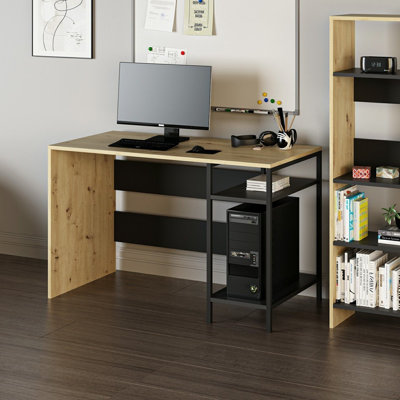 Elegant Study Desk with Bookshelf, Black & Oak, 47.2 x 29.1 x 23.6 inches | 100% Melamine Coated Particle Board, Thickness: 0.7 inches | Perfect for Home Office & Study Spaces, Stylish & Functional Design