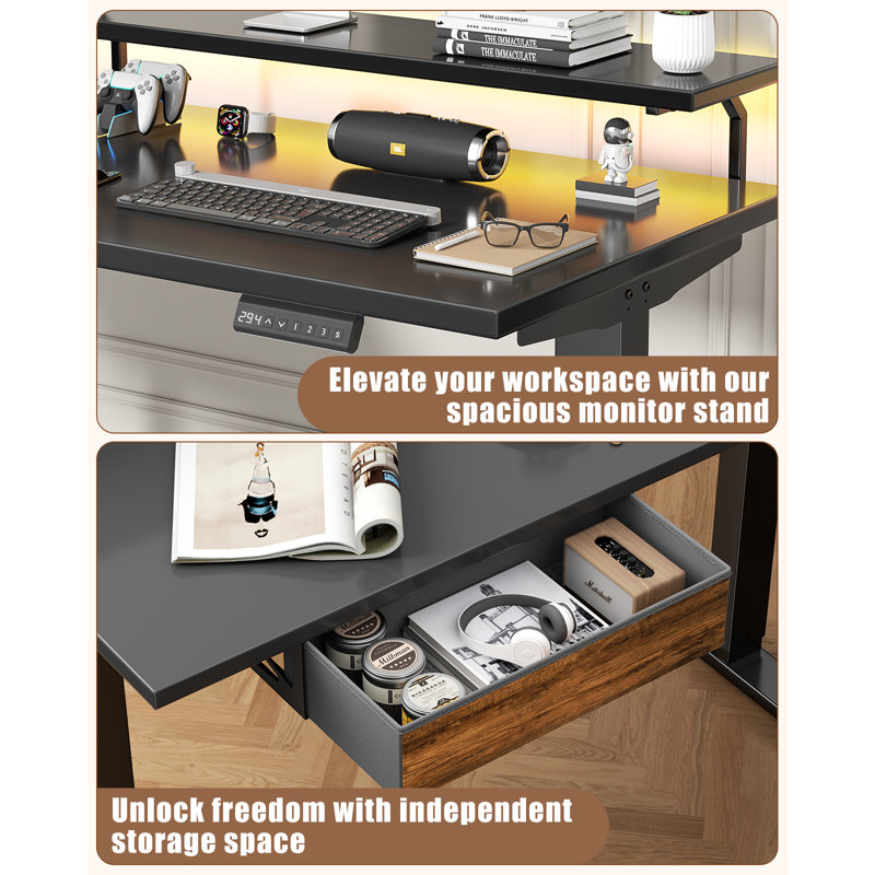 L Shaped Electric Standing Desk With Under-Desk Drawers Built-In Power Outlets, Black
