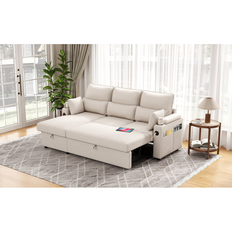 L-Shaped Linen Sleeper Sectional Sofa Bed with Storage Chaise, Solid Wood Frame, USB Charging, Beige Linen