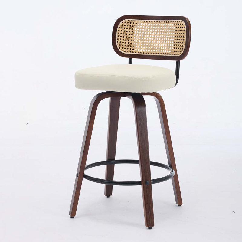 Tabouret de bar 26 po en similicuir à hauteur de comptoir avec dossier noyer et pieds en bois cintré, Beige 2