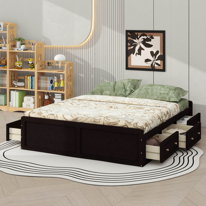 Wood Platform Bed Frame For Queen Size With Six Drawers, Espresso