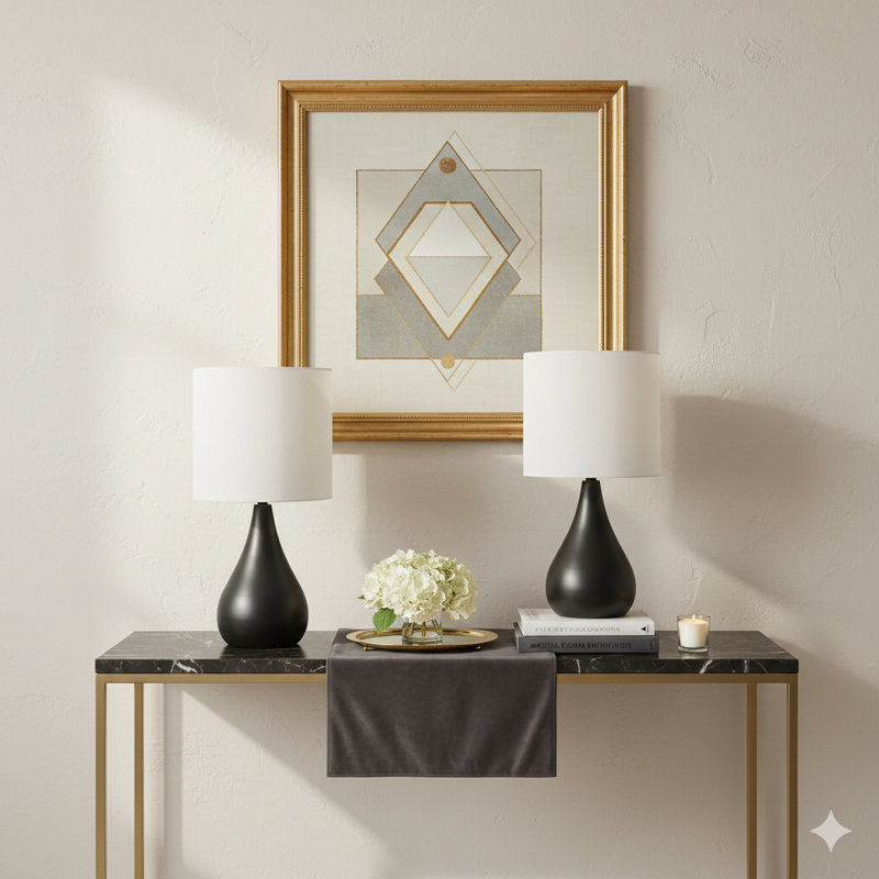 Lighting, Set Of 2, 18"H, Table Lamp, Black Metal, Ivory / Cream Shade, Contemporary