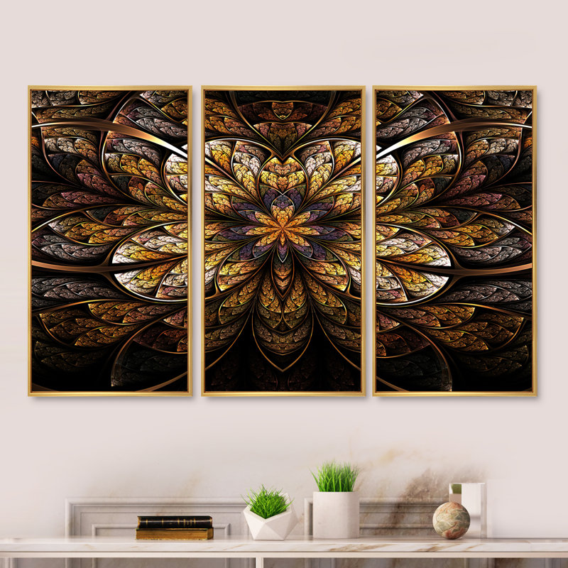 «Bright and Warm Fractal Flower», ensemble d'art mural sur toile moderne encadré de 3, H 32 po x l 48 po x P 1 po, Or