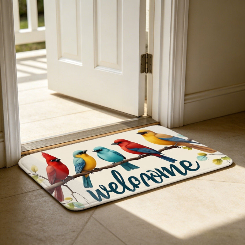 Multicolore et beige, paillasson coloré 24 po x 36 po pour porte d'entrée Colorful Birds