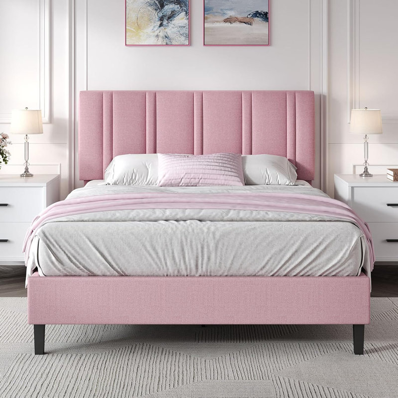 Tête de lit capitonnée, lits plateforme tapissiers avec support en lattes de bois, structure de lit en tissu, Grand, Rose