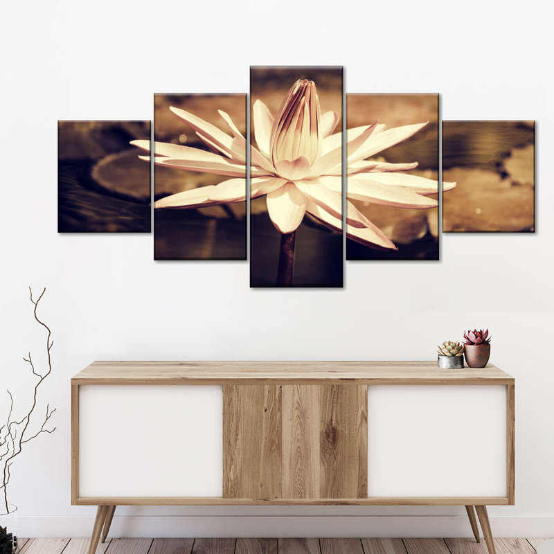 Fleur de lotus sépia, ensemble de 5 reproductions d'art sur toiles murales, H 24 po x l 55 po x P 1,25 po