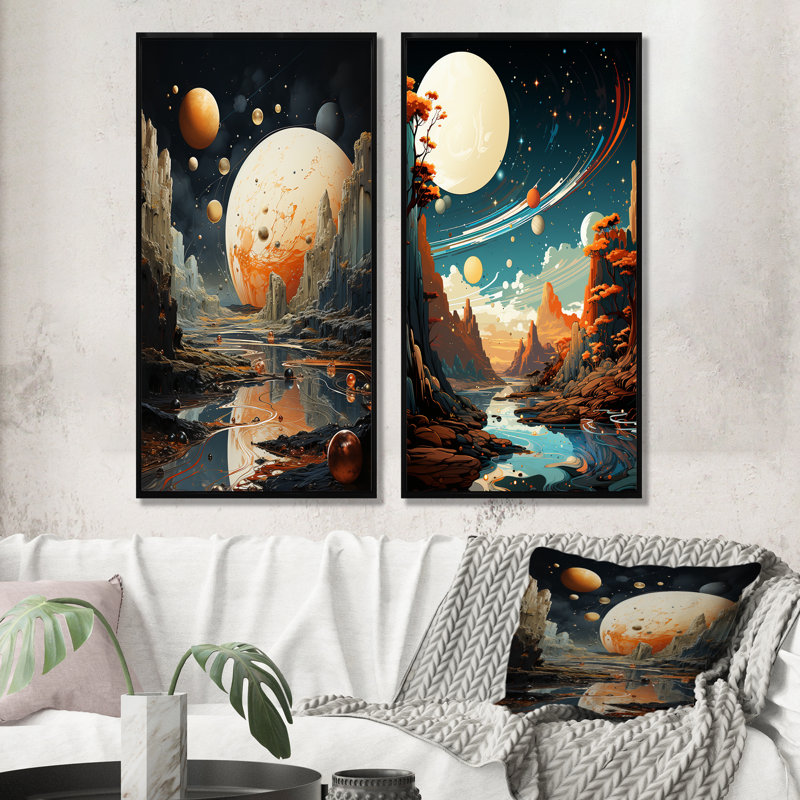 Cosmic Space Odyssey Landscape III - Planets, ensemble de 2 reproductions d'art sur toile, H 28 po x l 25 po, Cadre noir