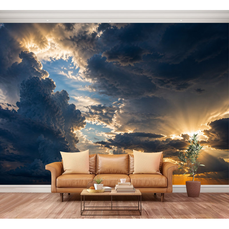 Papier peint adhésif autocollant Dramatic Sunset Sky Illuminated Cloud Formations Sun Auto-adhésif amovible Papier contact mural pour le salon Chambre à coucher H 100 po x l 144 po