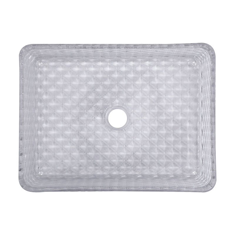 17.5" x 13" Rectangular Tempered Glass Vessel Sink, Diamond-Cut Pattern Above Counter Bathroom Sink, Clear Glass Wash Basin with Drain