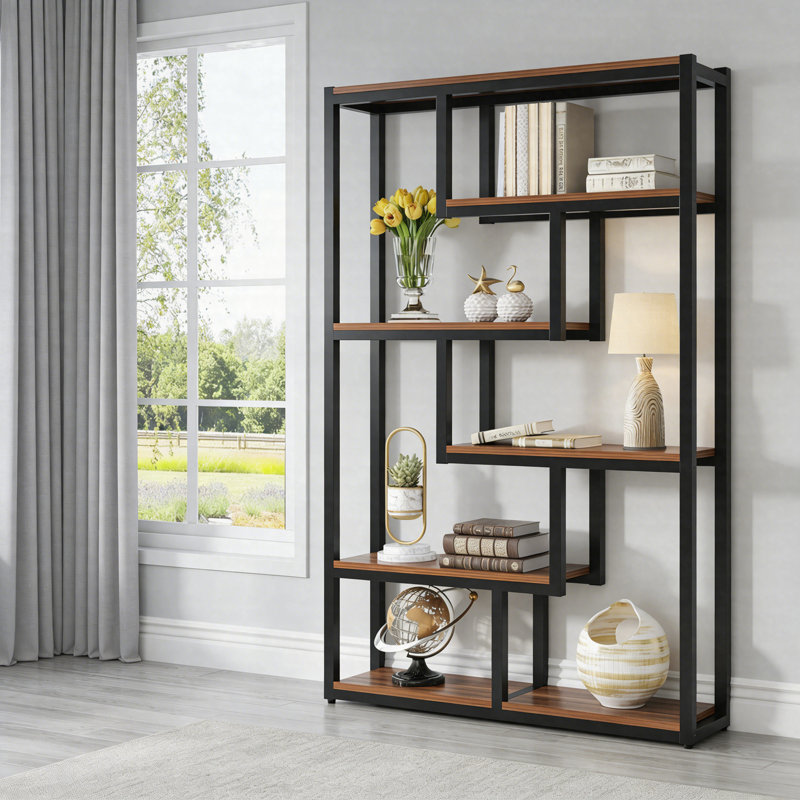 69" Industrial Bookshelf, 5-Tier Etagere Bookcase With Staggered Shelves, Walnut