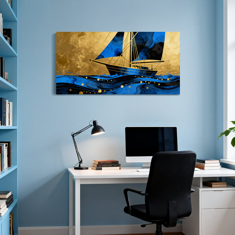 Voilier doré nautique et de plage sur des vagues bleues avec des accents dorés, H 20 po x l 40 po