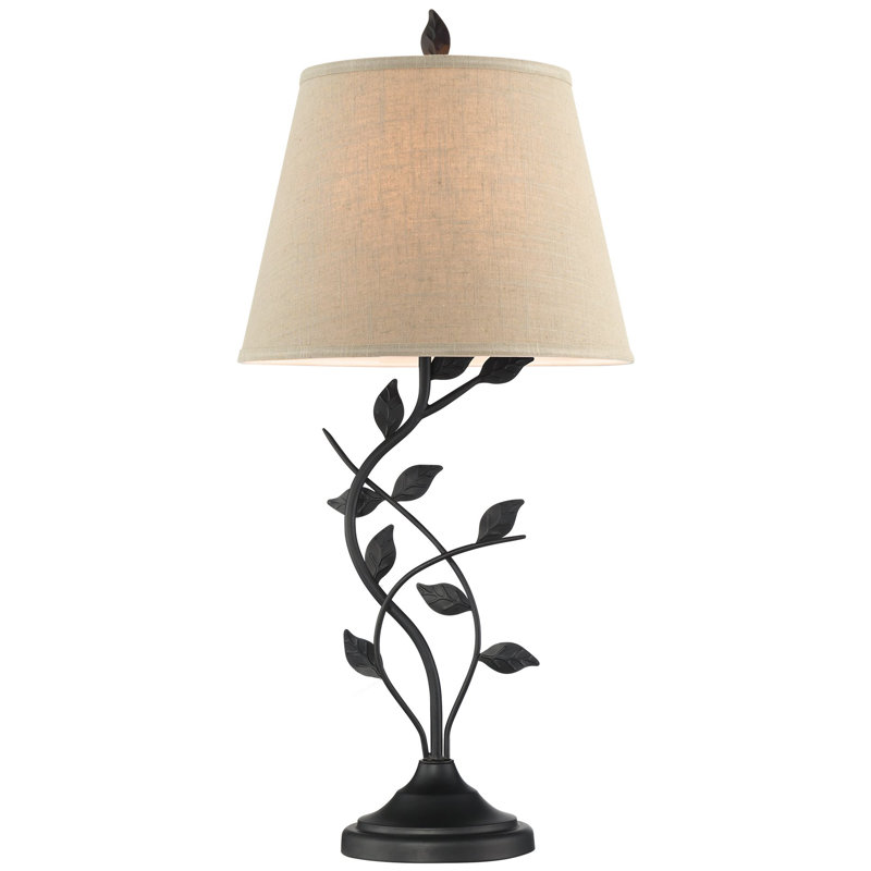 Lampe de table rustique traditionnelle Ambrocio 31 de Red Barrel Studio® + abat-jour en tissu beige, corps détaillé en forme de feuille, ampoule DEL 7 W (écoénergétique, écologique), finition noir mat