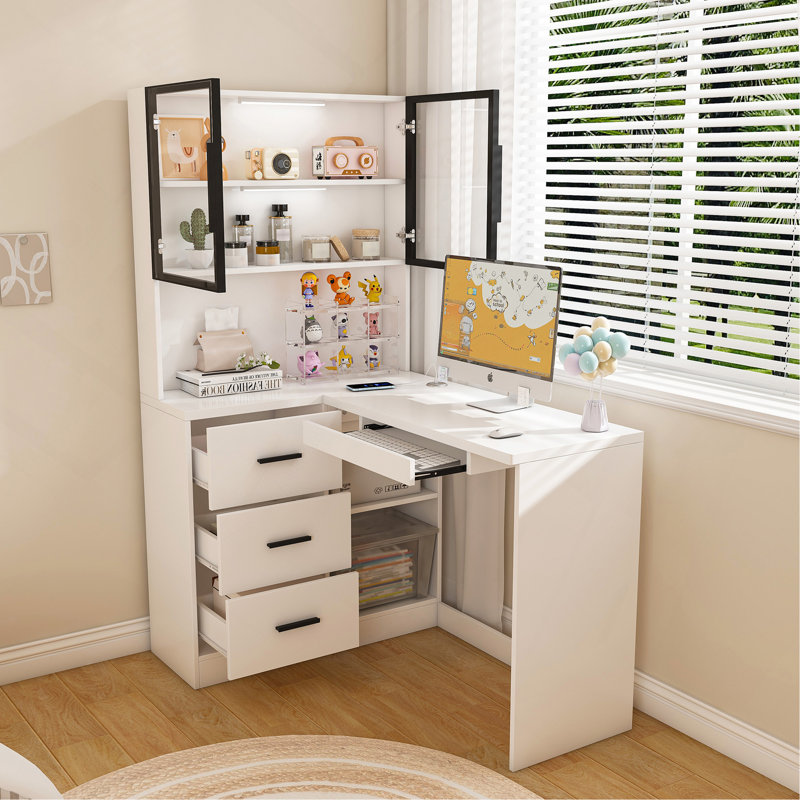 Computer Desk With Glass Cabinets & Built-In LED Lights, Corner L-Shaped Office Desk With USB Charging Ports, Keyboard Tray