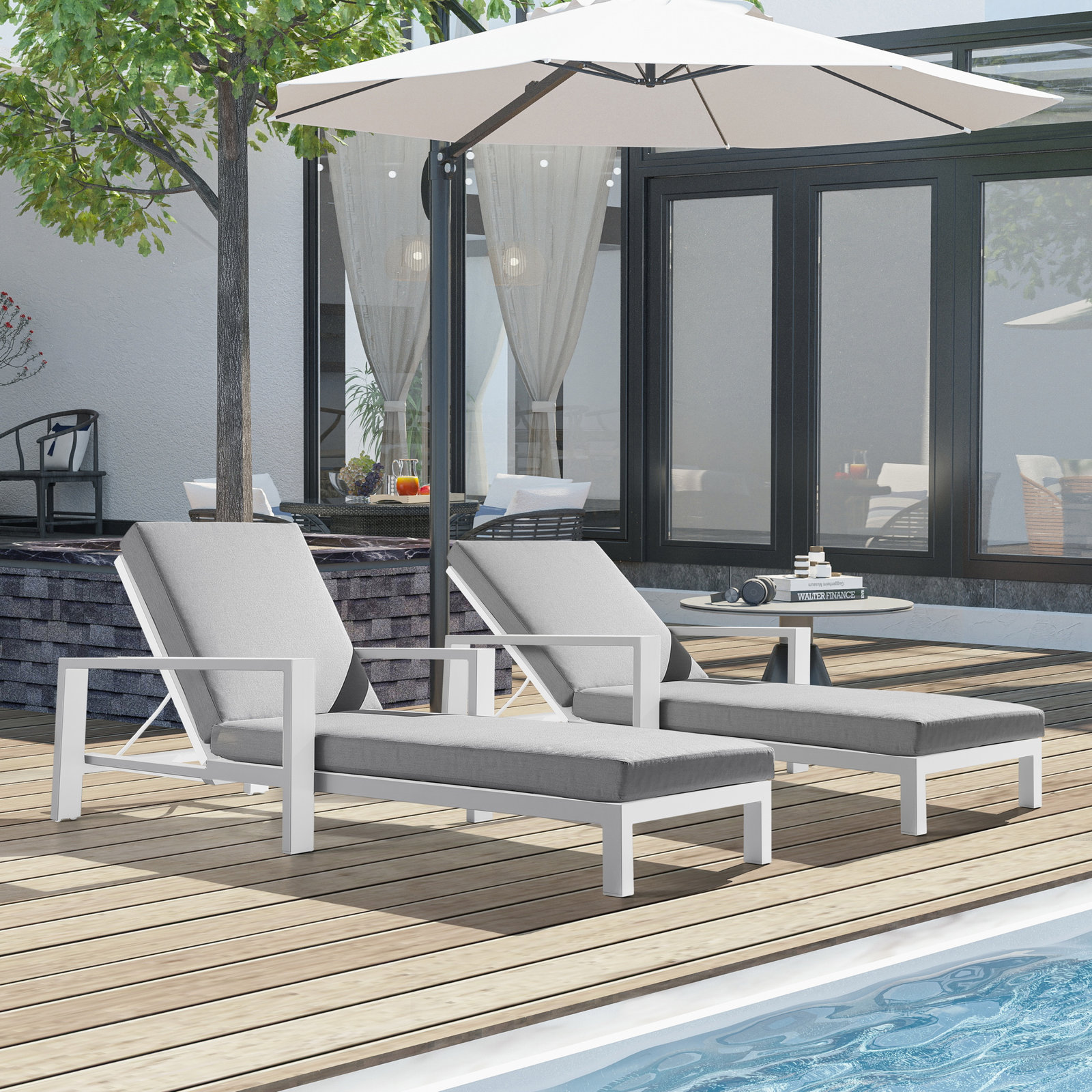 Hoyt 35'' Outdoor Metal Chaise Lounge, Grayish Cushion/Snow White Frame