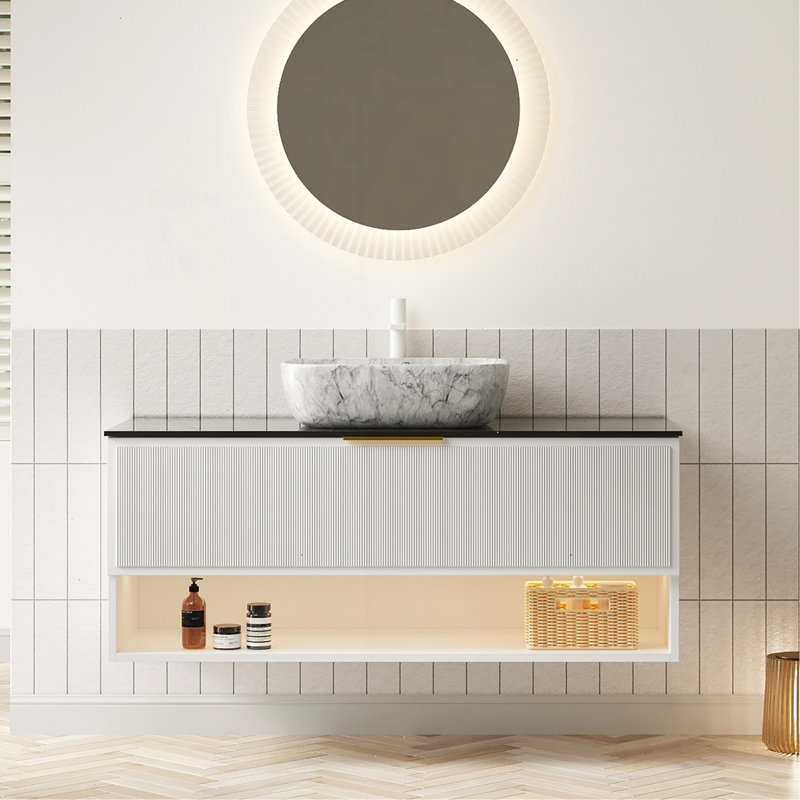 Meuble-lavabo 48 po avec lavabo, armoire de rangement en contreplaqué flottant, 2 tiroirs et tablette à rayures fines, capteur de lumière, vasque en céramique à motif marbré et plateau en pierre frittée noire, pré-assemblé, blanc