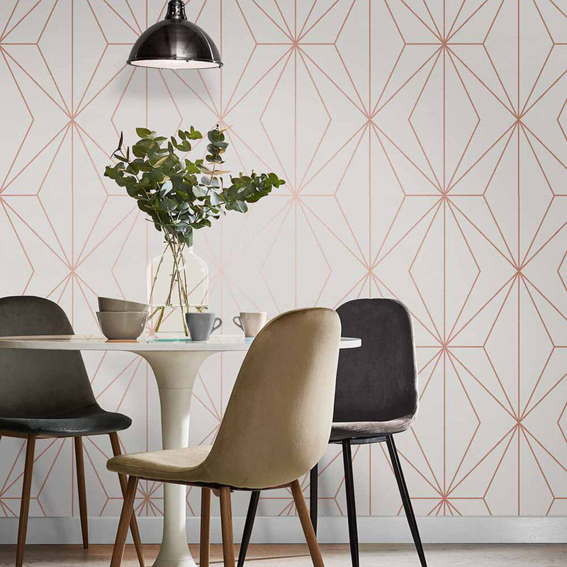Harmony Geometric Metallic Wallpaper Double Roll, White/Rose Gold