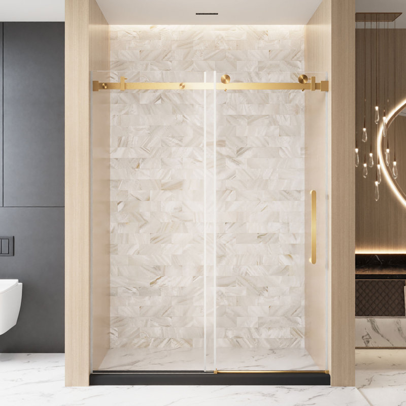 Bruna 56–60"x76"H Frameless Single Sliding Shower Door with 1/4" Tempered Glass & Explosion-Proof Film, Brushed Gold