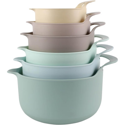 6-Piece Mint Nesting Plastic Mixing Bowls with Pour Spouts, Side Handles & Non-Slip Base, Stackable Prep Bowls for Kitchen Cooking