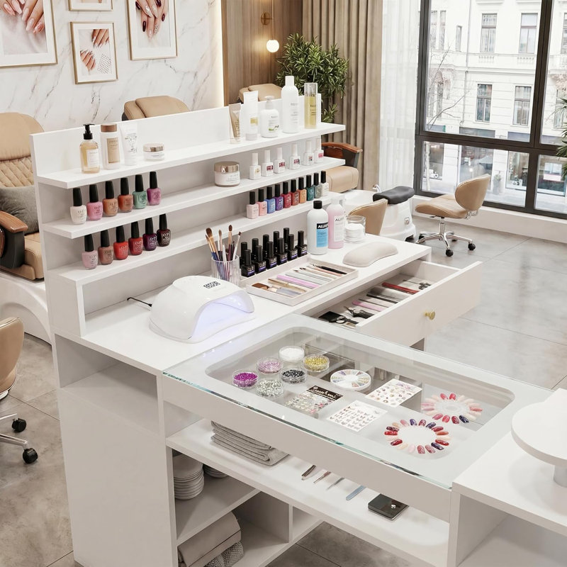 Nail Desk For Nail Tech 60 Inch L-Shaped Manicure Table Nail Station With Glass Table Top White Nails Table With Shelves Drawer Storage Space