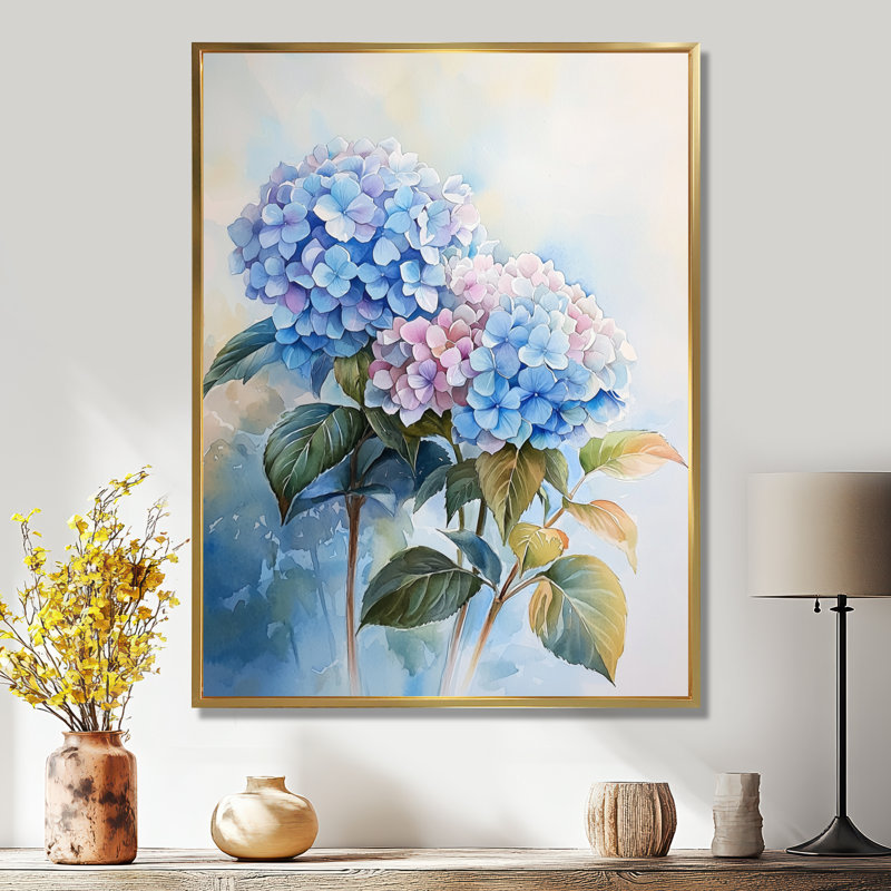 Hydrangeas In The Morning Light III - Hydrangea Framed Prints, 32" H x 16" W, Floater Framed Print, Gold