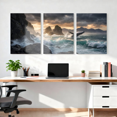 Ensemble de 3 tableaux sur toile représentant une baleine sautant dans les vagues et un littoral rocheux