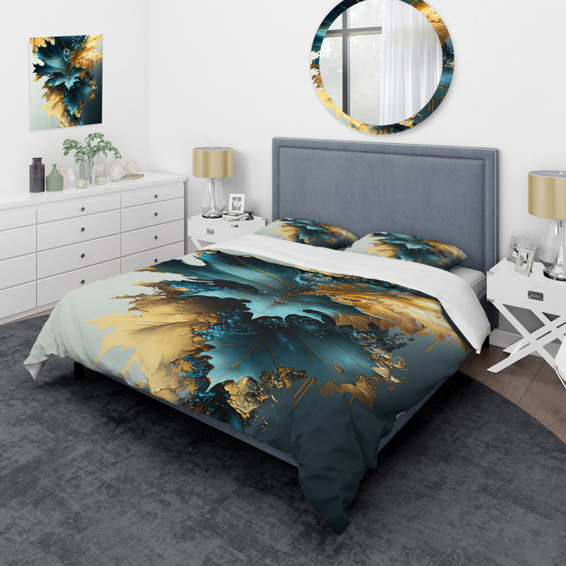 Ensemble de housse de couette en microfibre / polyester à motif abstrait feuilles bleues et dorées II