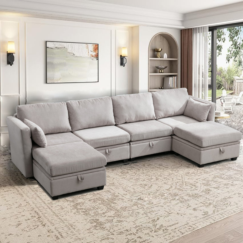 Hashim 6 - Piece Free Form Upholstered Convertible Modular Sofa Sectional with Storage, Light Gray 100% Polyester