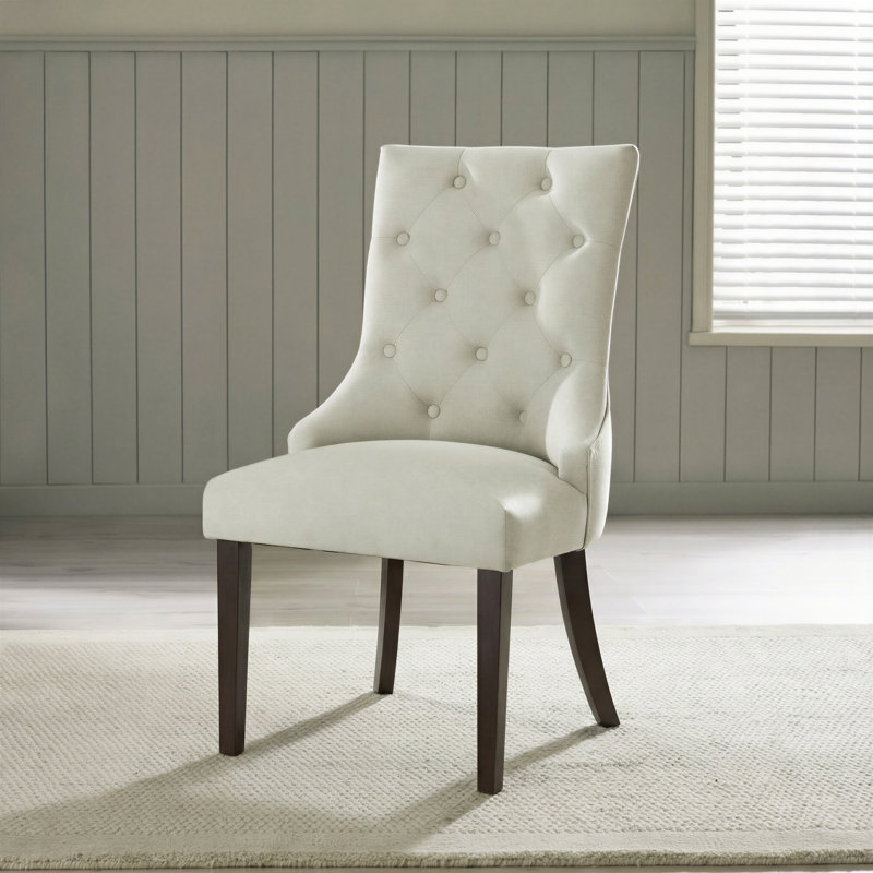 Eubanks Beige Linen Fabric Dining Chairs Oak Effect Legs - Luxury Modern Chesterfield Style, Walnut