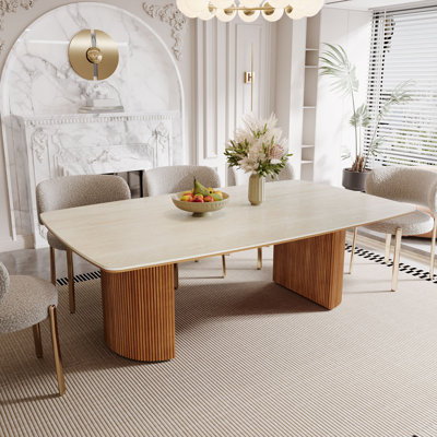 Dining Table With Unique Travertine Slab Top And Semi-Circular Stripe Base (1 item 2 packages)