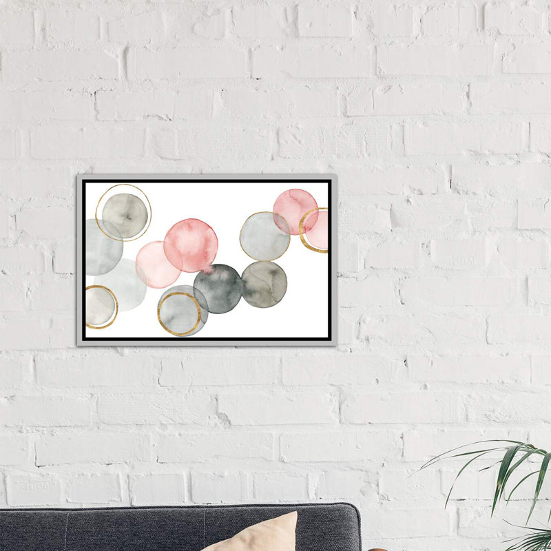 «Gilded Spheres II» par Grace Popp - impression encadrée, Toile avec cadre argenté, H 26 po x l 40 po x 1,5 po