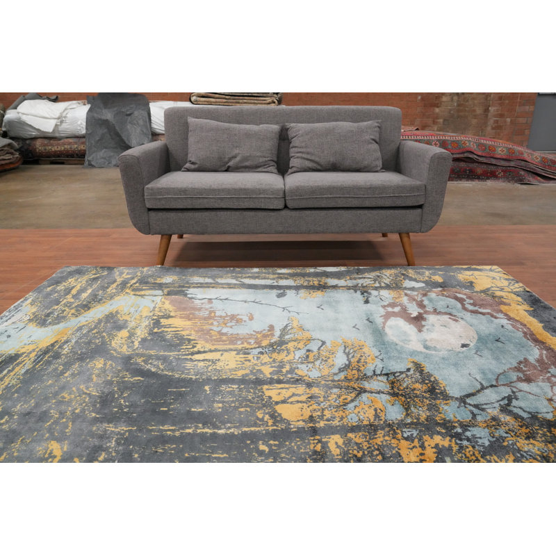 Tapis abstrait mystique forêt nuit 6 x 8 avec sentier au clair de lune et arbres