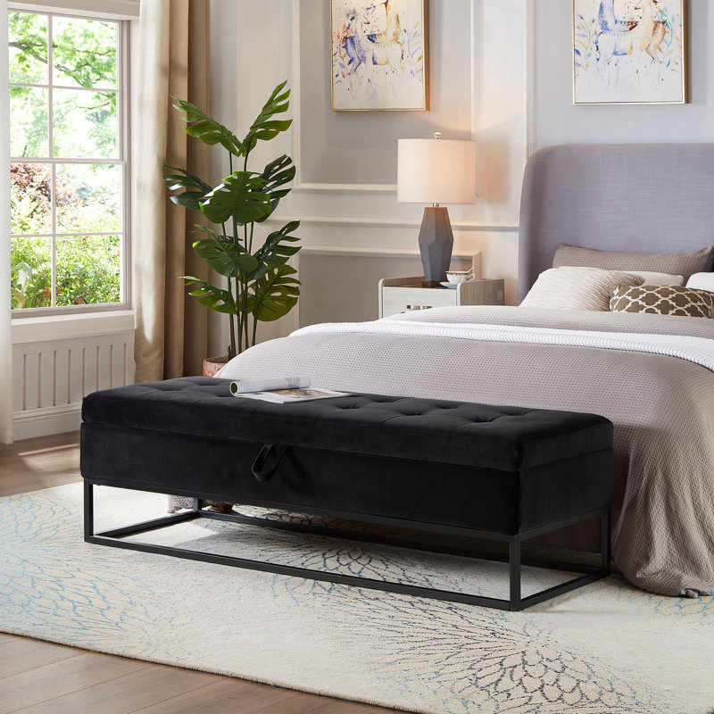 Banc de rangement rembourré en velours Margarete, Noir, noir, noir, noir