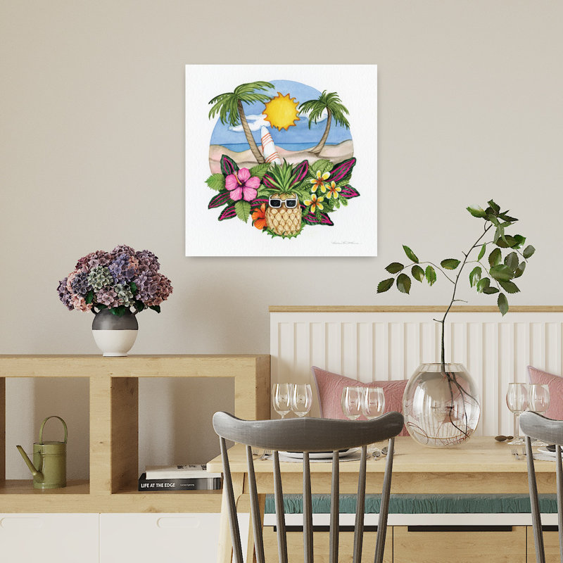 Amusement au soleil, palmier abstrait, art côtier d'hibiscus, H 18 po x l 18 po