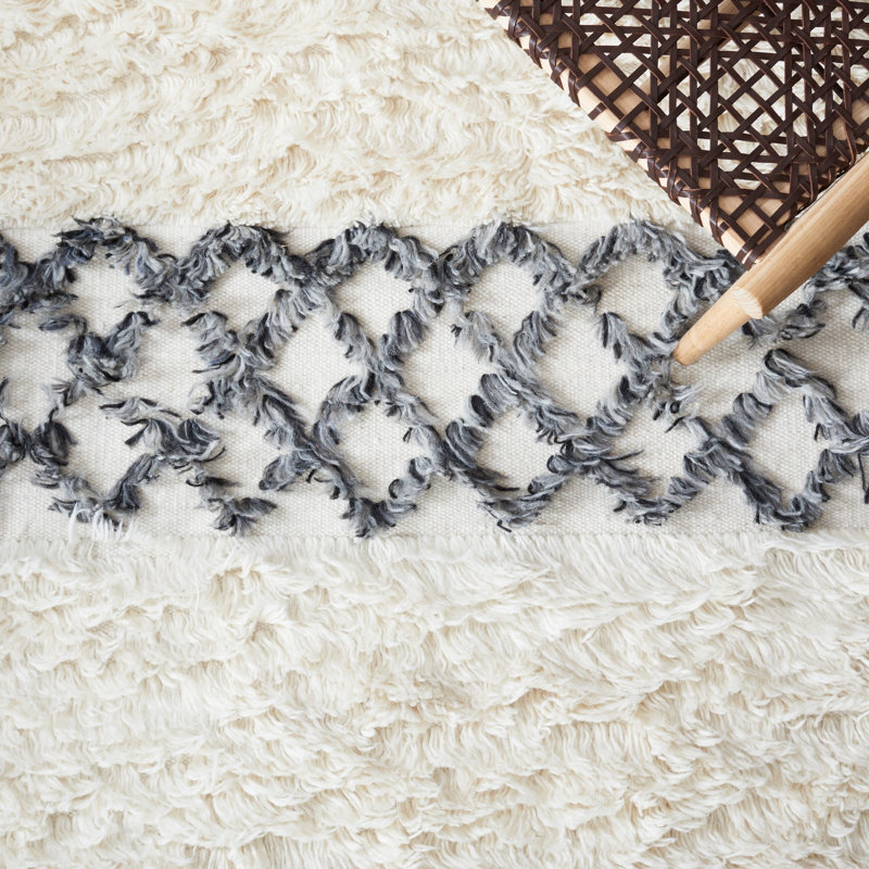 Benyam Hand Loomed Wool/Cotton Geometric Rug in Ivory/Dark Gray, Square 6'